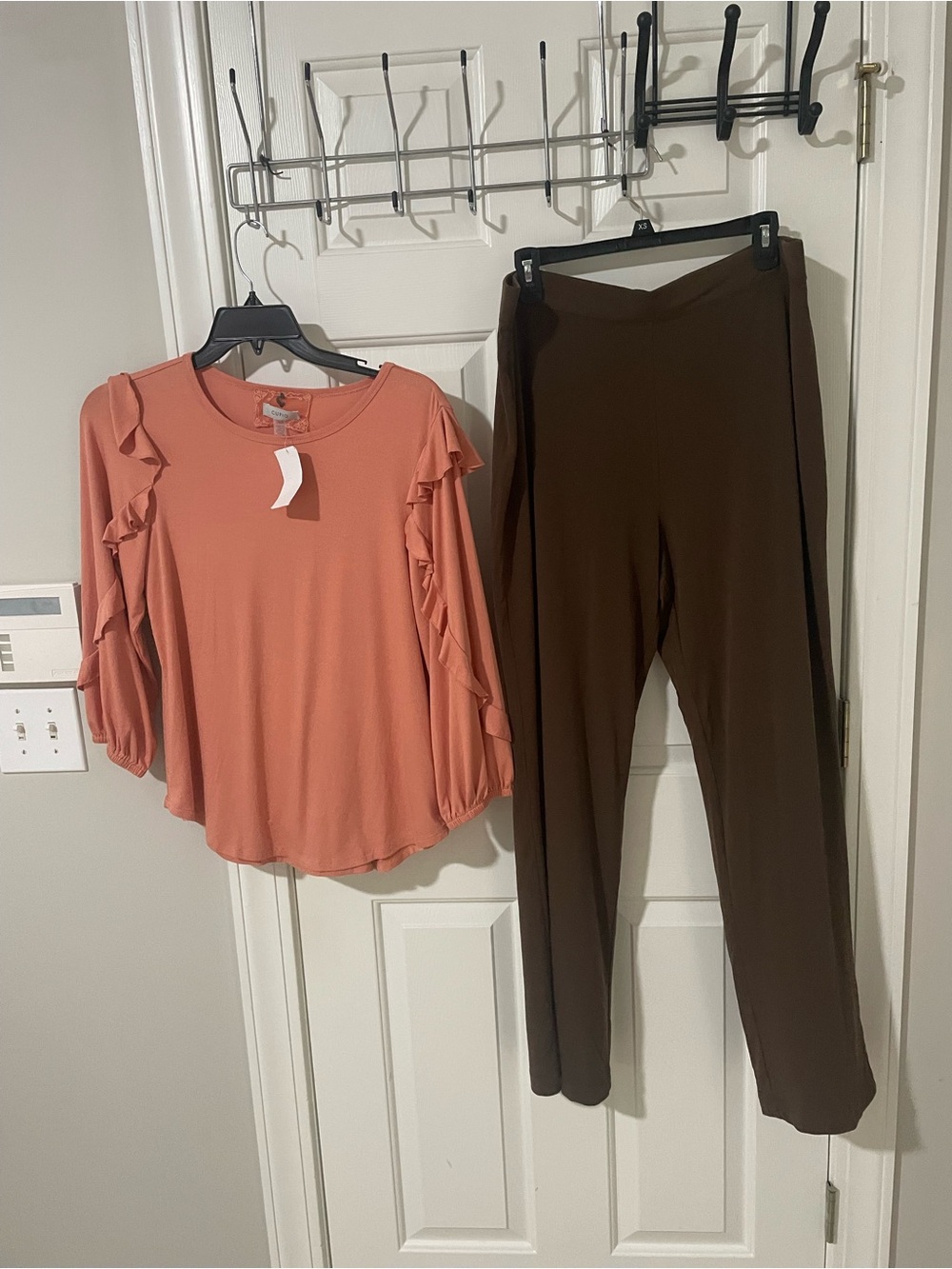 Women’s Coral Ruffle Sleeve Top by cupio Susan graver large brown pants new